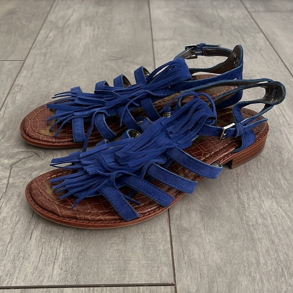 HOST PICK 💙 SAM EDELMAN Suede Leather Fringe Sandal Royal Blue, Size 7.5 - Picture 1 of 13